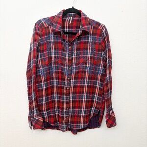 Free People Magical Plaid Embroidered Button Down Shirt Women's Size Small